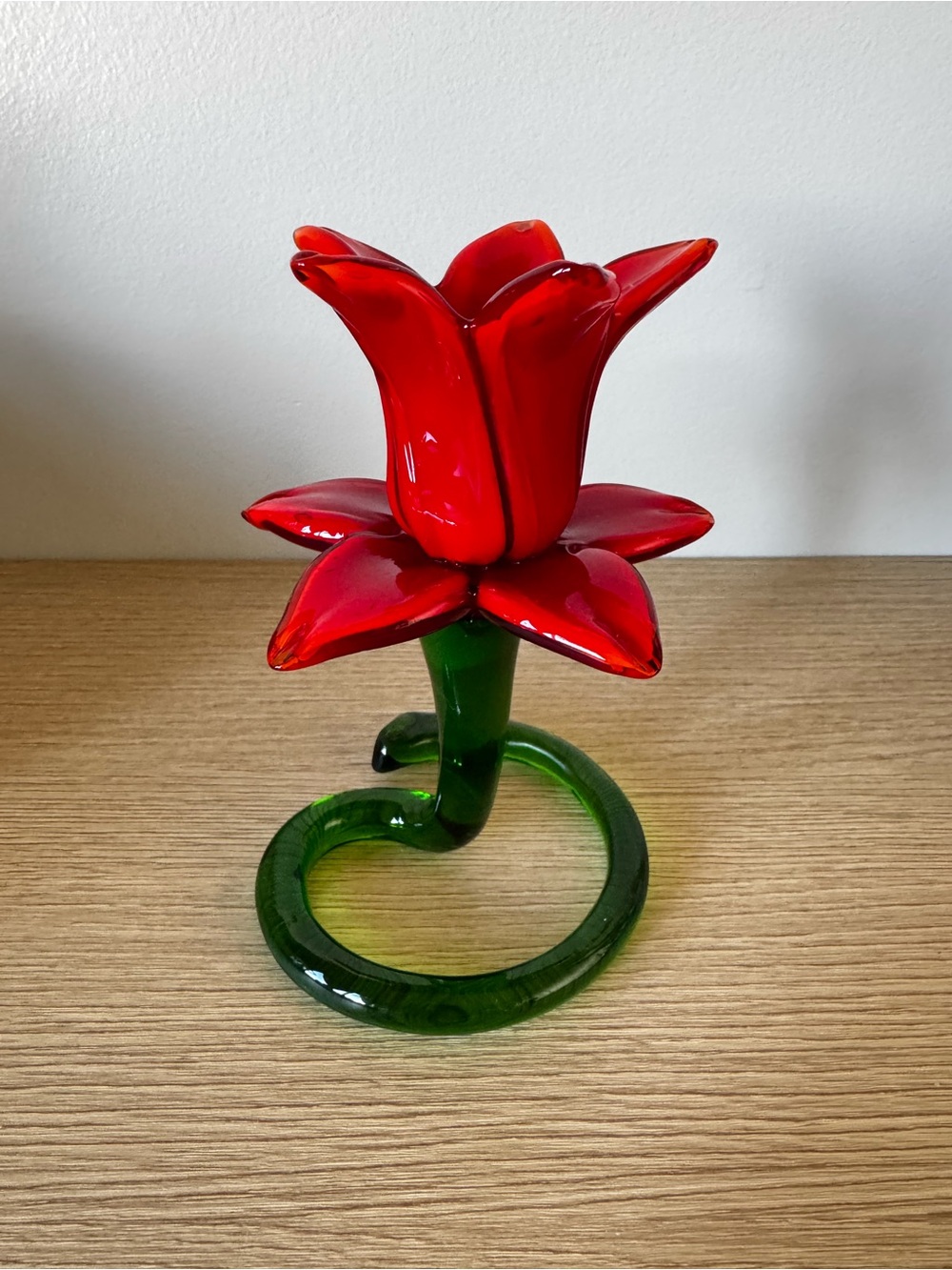 Red Glass Flower Sculpture or Candle Holder with Green Stem - Picture 6 of 9